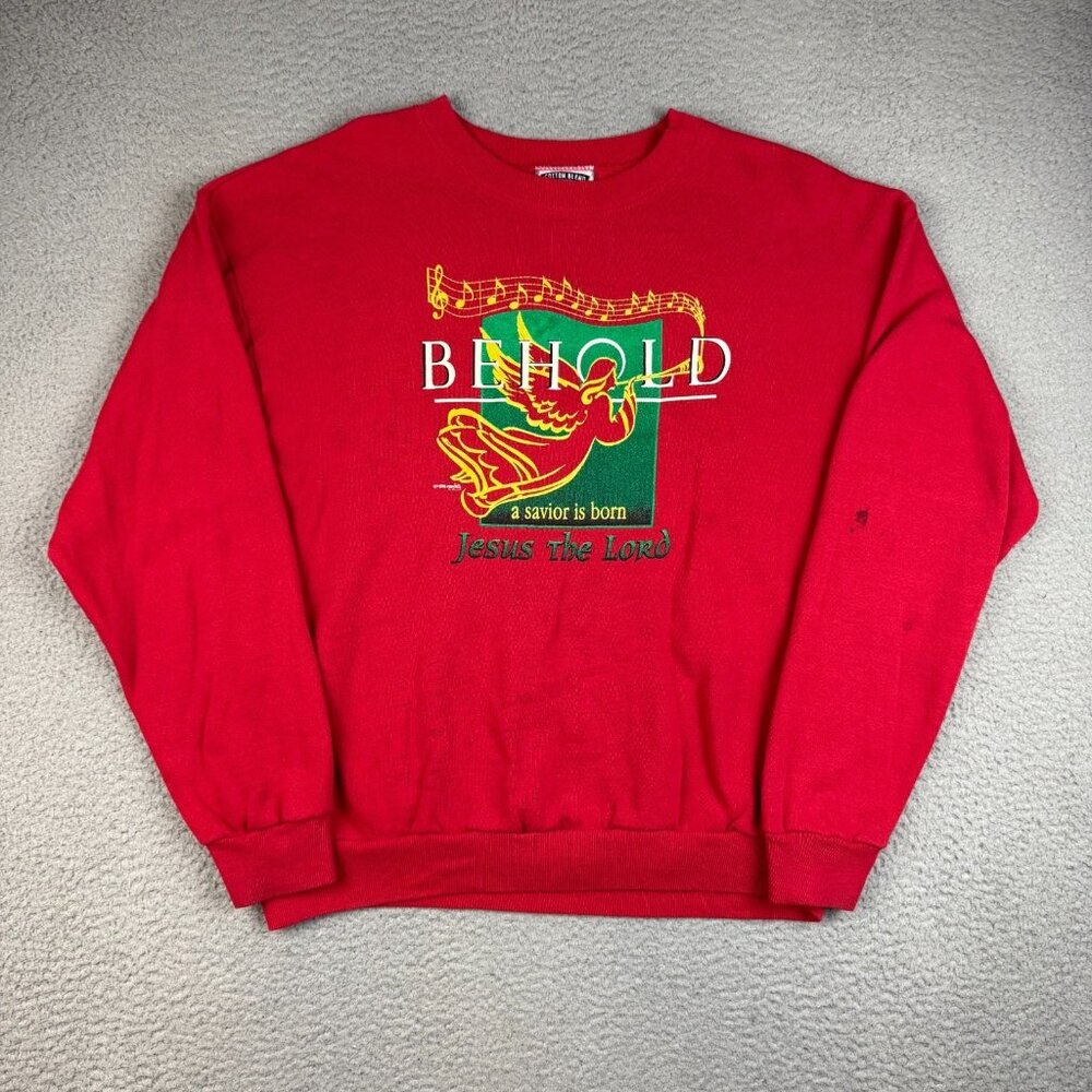 VTG Christmas Crew Neck Sweater Large Sweatshirt Baptist Church, CA Jesus Angel‎